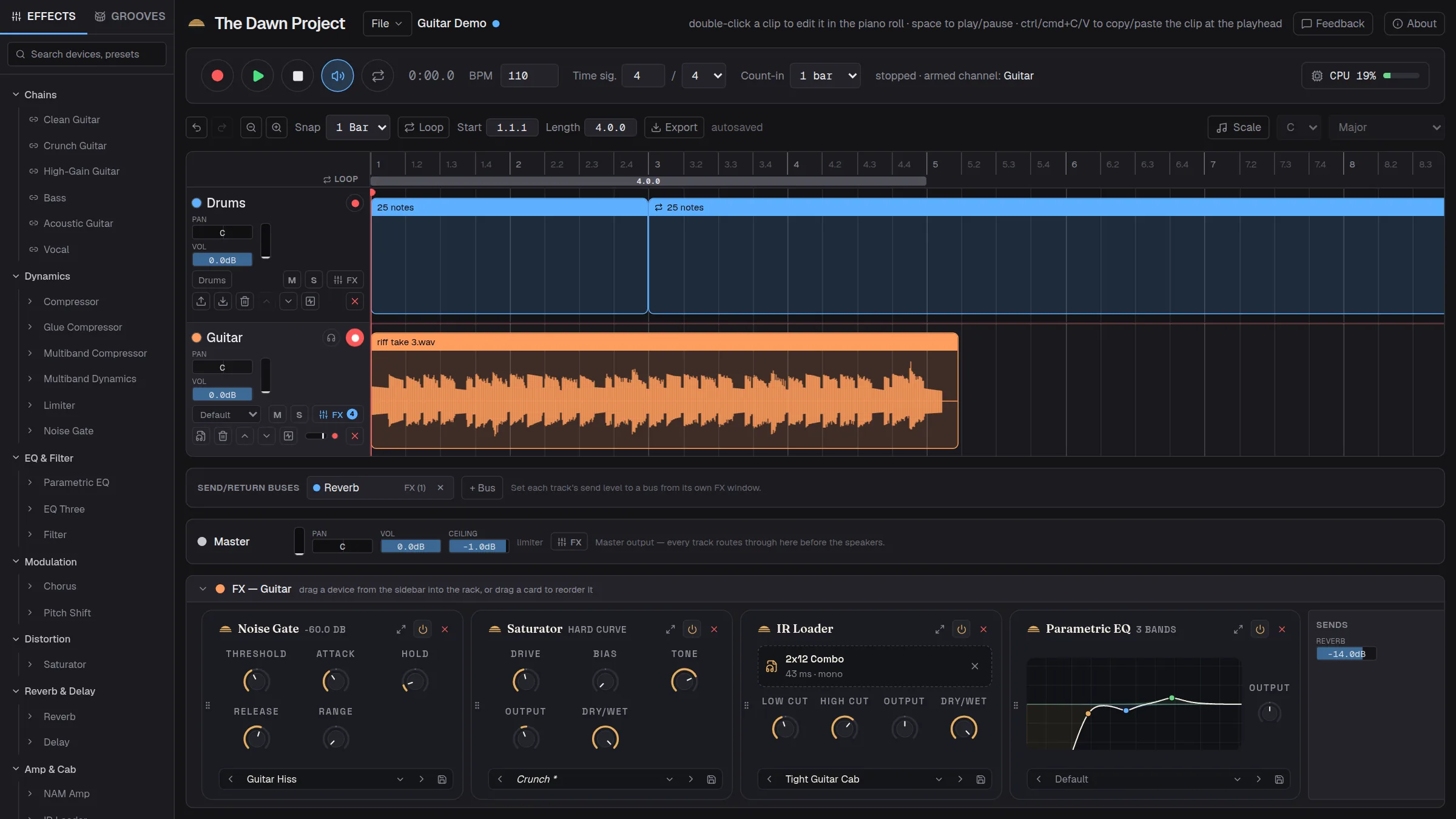 The Dawn Project studio: drums and a guitar take in the arrangement, with a gate, saturator, cabinet and EQ in the guitar’s effects rack